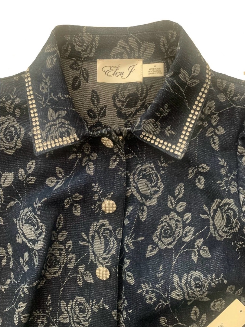 NEW Womens Size 4 Eliza J Floral Rhinestone-Trim Collared Denim Shirtdress $158 - Picture 6 of 13